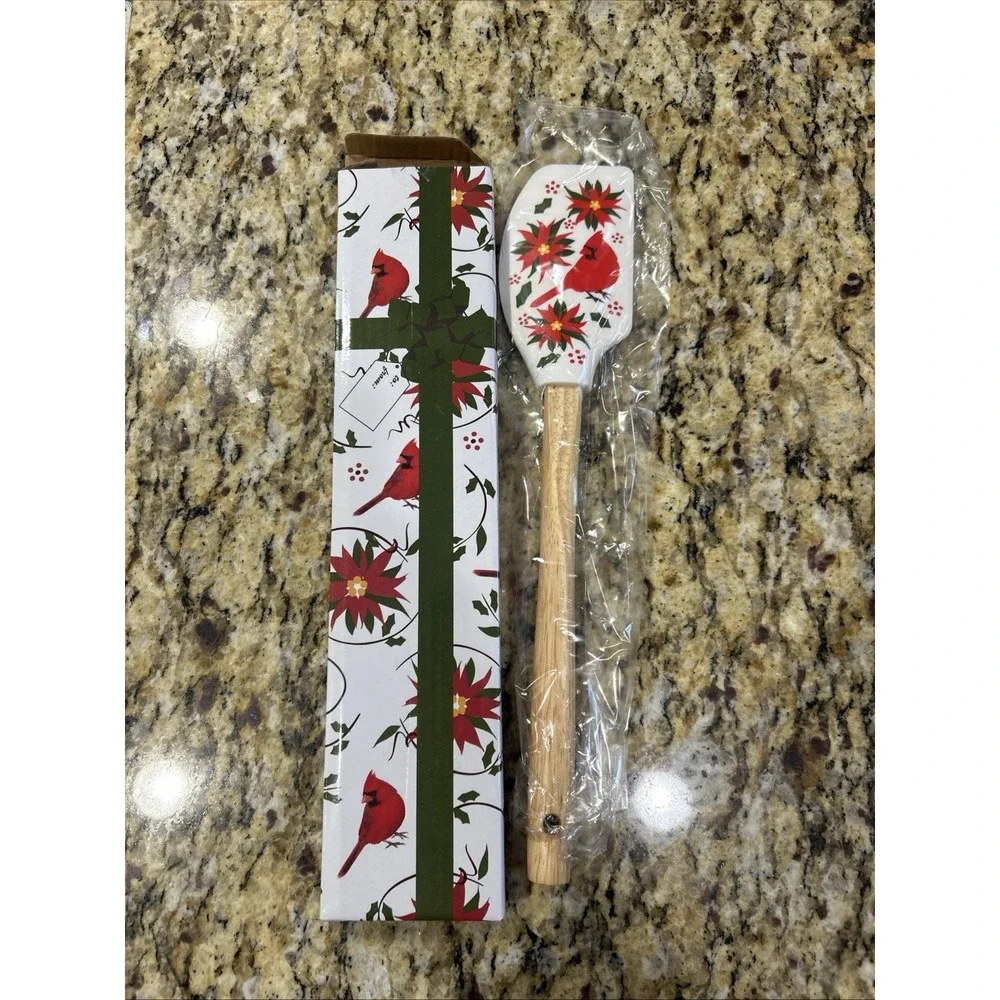 Temptations Christmas Poinsettias & Cardinal  Silicone Spatula Wooden Handle NIB